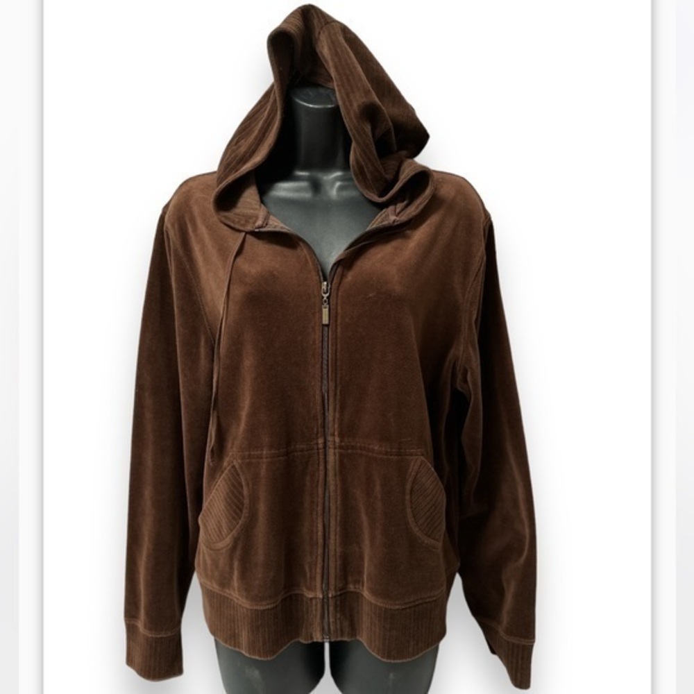 Vintage Ms. Lee Zip Brown‎ Velour Hoodie Womens 2- pockets size L (1444)